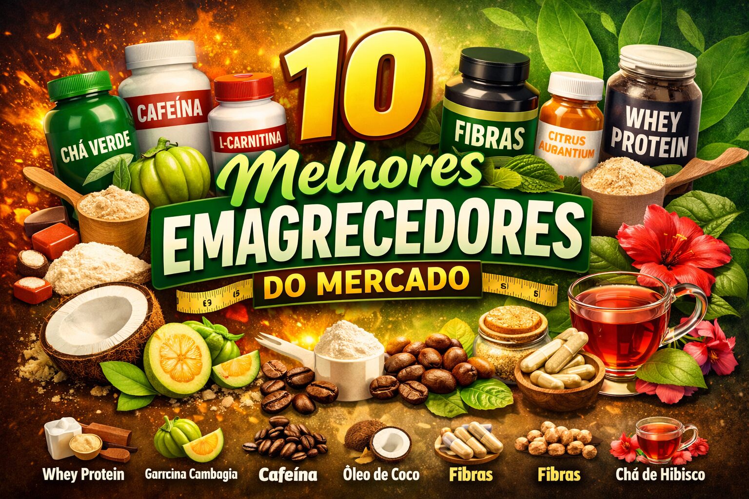 Imagem destacando os 10 melhores emagrecedores do mercado em 2026, incluindo chá verde, cafeína, L-carnitina, fibras, óleo de coco, whey protein, garcinia cambogia, citrus aurantium e chá de hibisco, com foco em custo-benefício e resultados reais no emagrecimento.