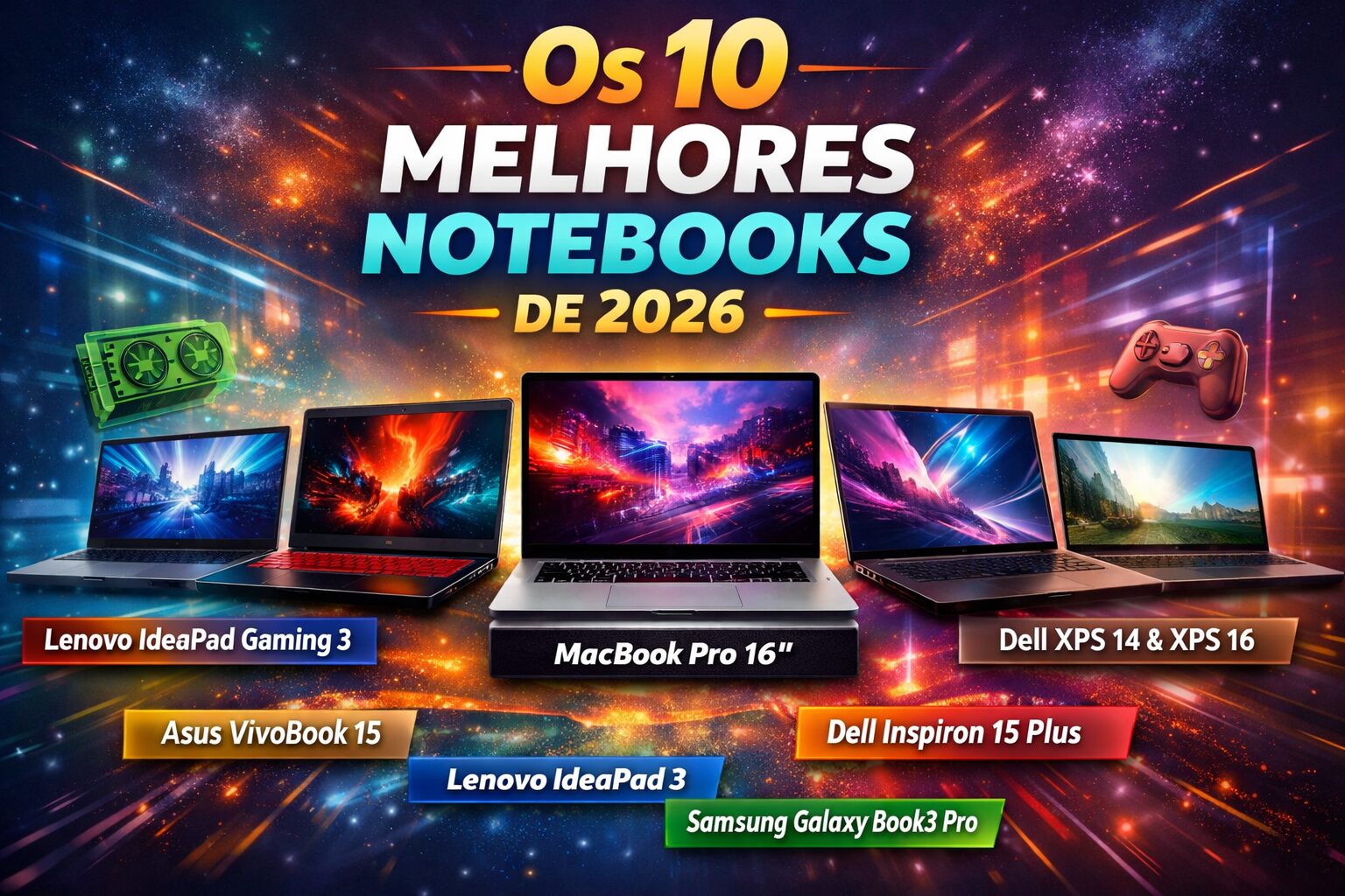 Imagem destacada com os 10 melhores notebooks de 2026, incluindo Asus VivoBook 15, Lenovo IdeaPad 3, Dell Inspiron 15 Plus, Lenovo IdeaPad Gaming 3, Acer Nitro 5, Samsung Galaxy Book3 Pro, MacBook Pro 16", Dell XPS 14 e Dell XPS 16, representando modelos custo-benefício, gamers e premium.
